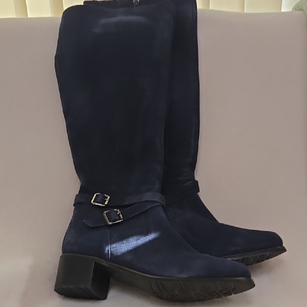 Neiman Marcus Navy Suede Over-the-Knee Boots with Buckle Detail